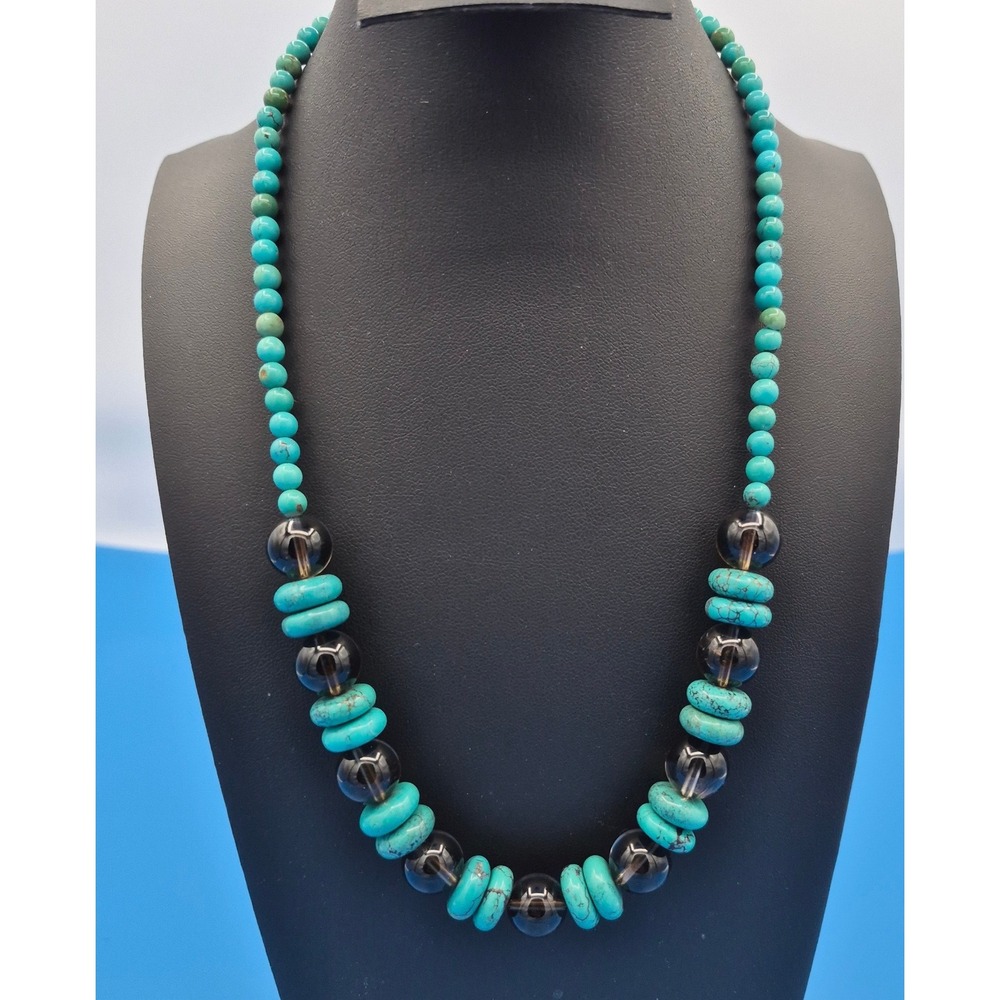Vintage Turquoise Smoky Quartz Sterling Silver 925 Beaded Necklace Boho